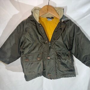 Olive Green Unisex Kids Size 2T Puffer Jacket with Mustard Lining, Toddler Coat
